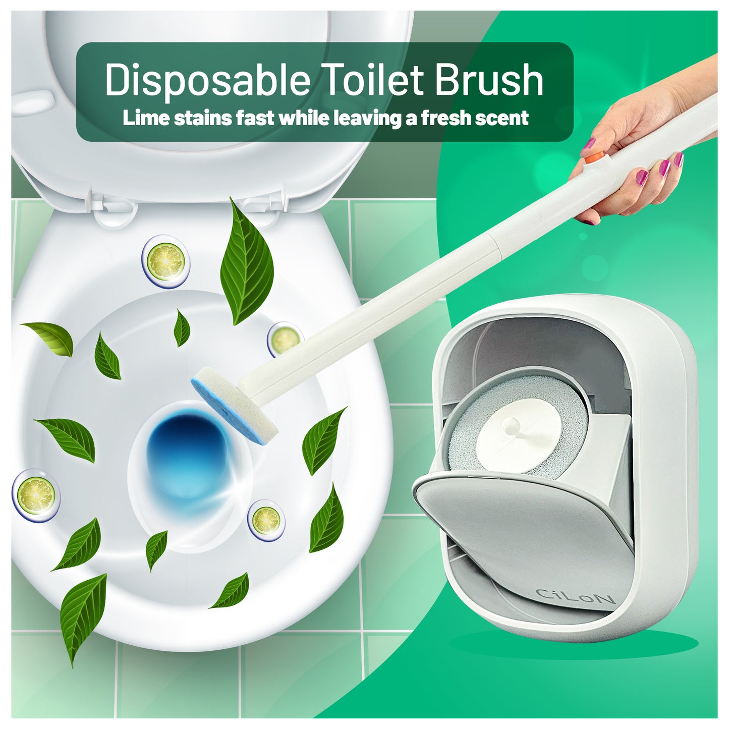 CiLoN Disposable Toilet Brush & Holder Set – Wall-Mounted Toilet Bowl Cleaner Wand with 30 Refill Pads, Hygienic Bathroom Cleaning System with Fresh Bleach Sanitizer, Space-Saving Storage Caddy