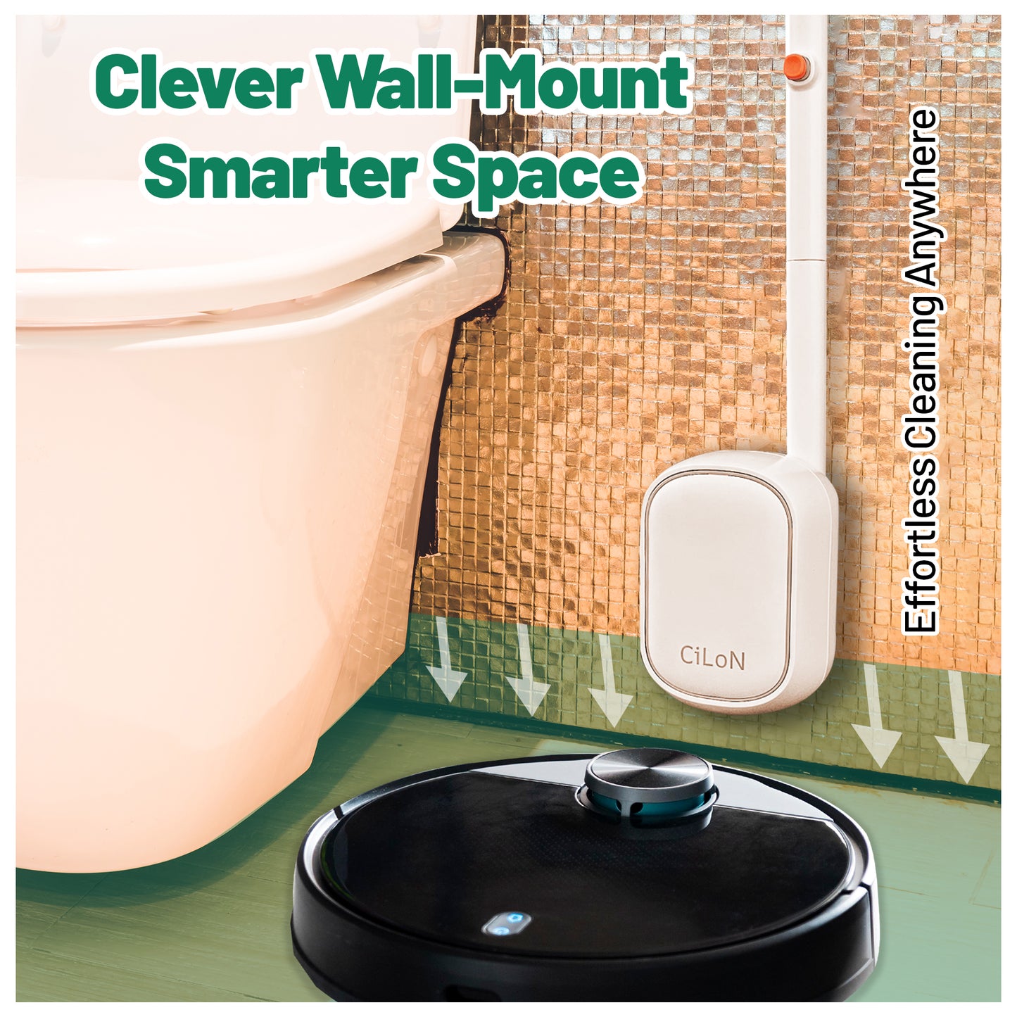 CiLoN Disposable Toilet Brush & Holder Set – Wall-Mounted Toilet Bowl Cleaner Wand with 30 Refill Pads, Hygienic Bathroom Cleaning System with Fresh Bleach Sanitizer, Space-Saving Storage Caddy