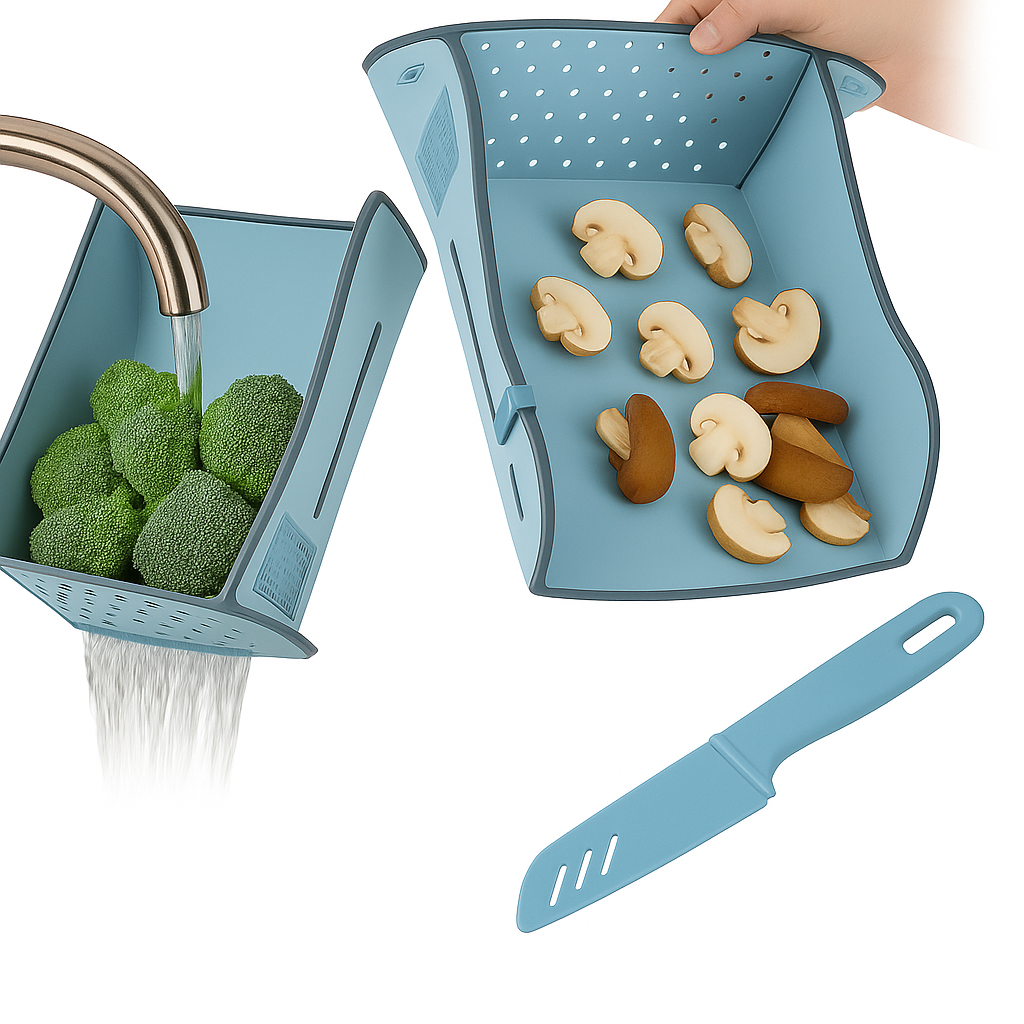 CiLoN 6-in-1 Foldable Cutting Board with Colander, Grater & Grinder. Collapsible Chopping Board with Knife Sharpener & Knife, 100% BPA Free, Portable Camping & RV Kitchen Utensils. Orange