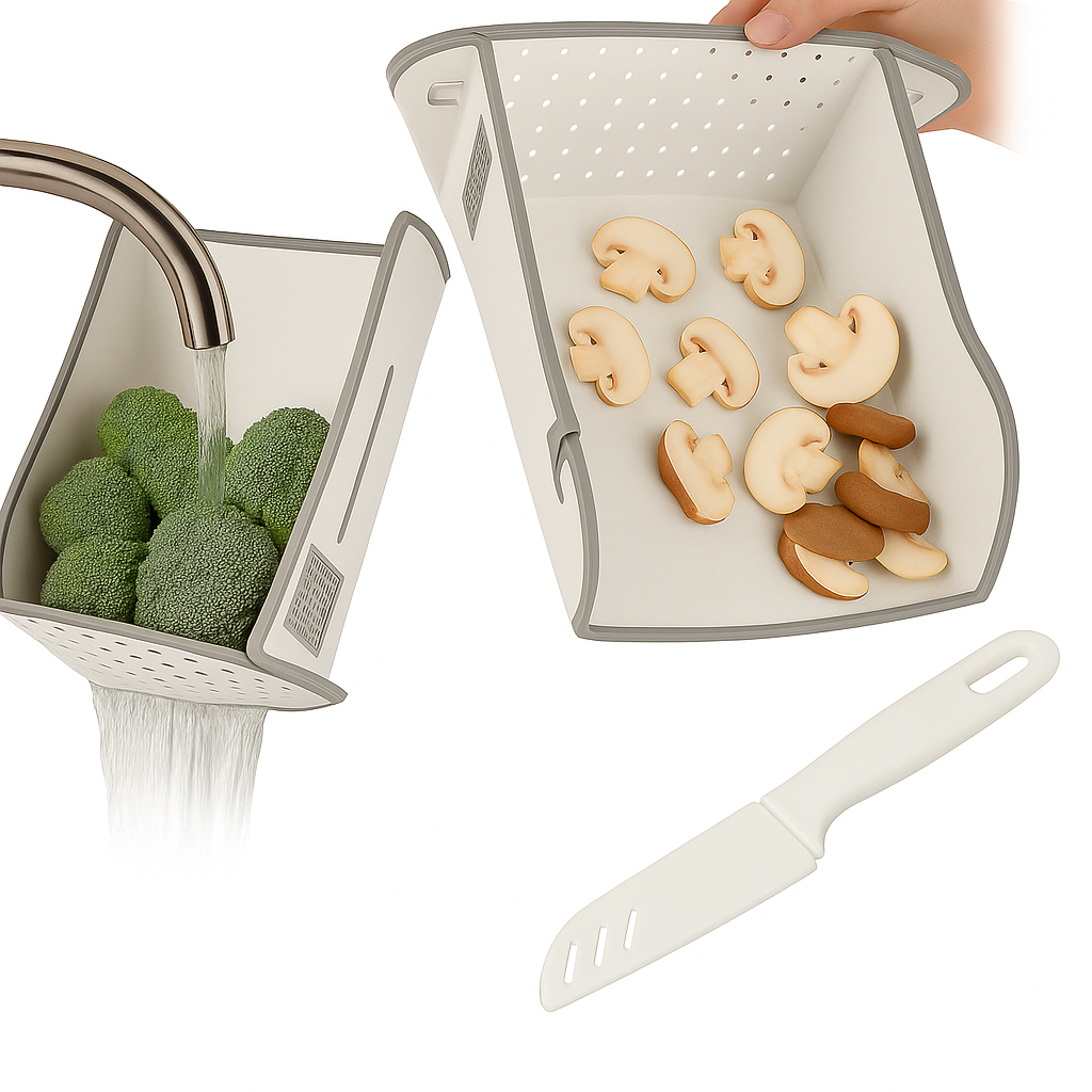 CiLoN 6-in-1 Foldable Cutting Board with Colander, Grater & Grinder. Collapsible Chopping Board with Knife Sharpener & Knife, 100% BPA Free, Portable Camping & RV Kitchen Utensils. Orange