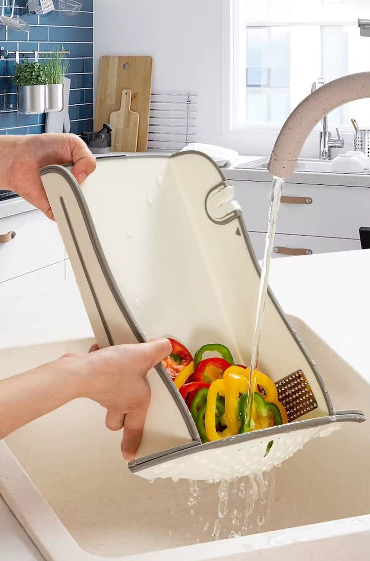 CiLoN 6-in-1 Foldable Cutting Board with Colander, Grater & Grinder. Collapsible Chopping Board with Knife Sharpener & Knife, 100% BPA Free, Portable Camping & RV Kitchen Utensils. Orange