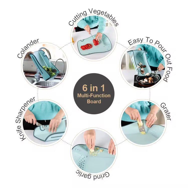 CiLoN 6-in-1 Foldable Cutting Board with Colander, Grater & Grinder. Collapsible Chopping Board with Knife Sharpener & Knife, 100% BPA Free, Portable Camping & RV Kitchen Utensils. Orange