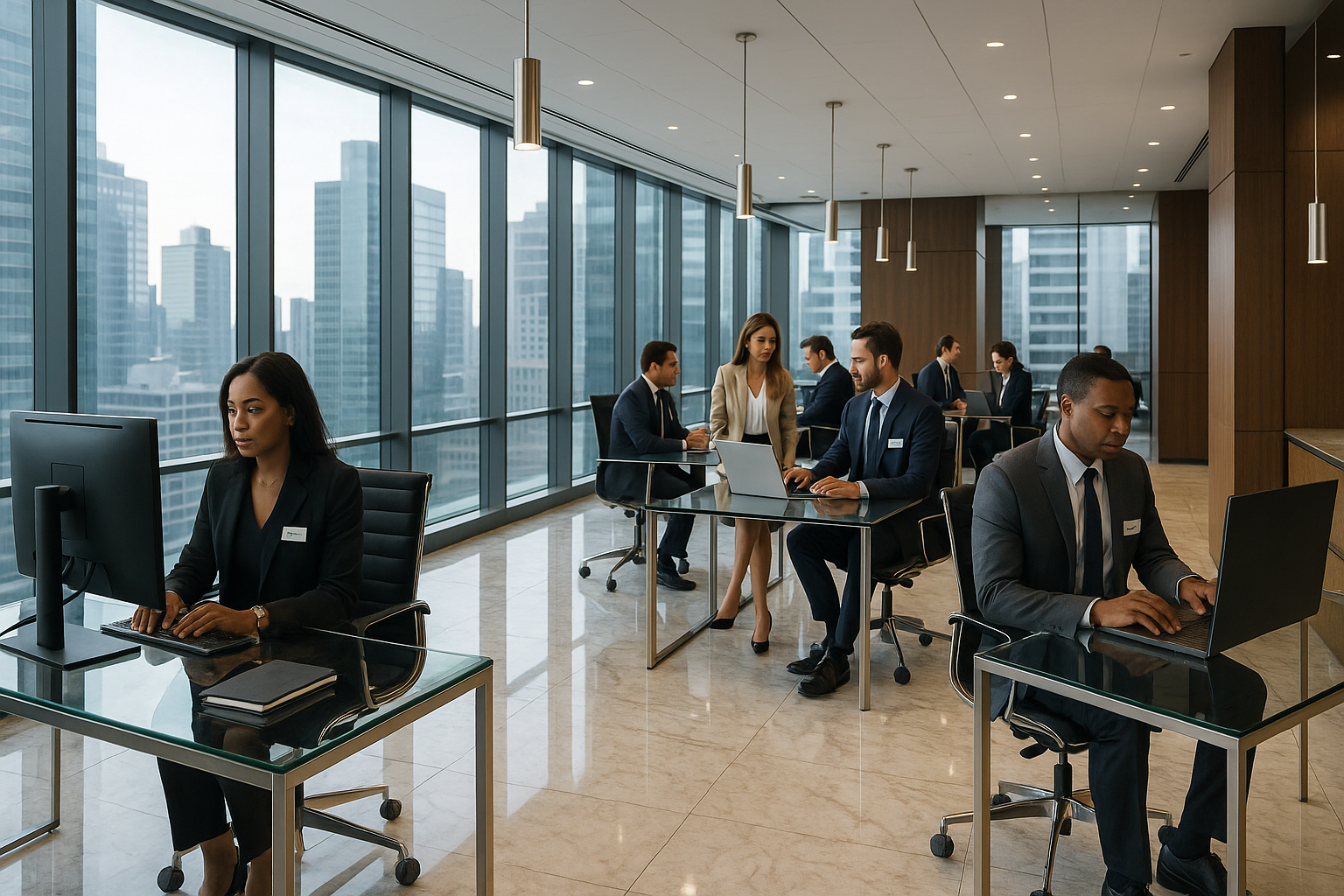 generate a modern and sleek design office with people working in it with wearing name tags and very luxury