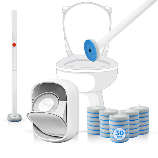 CiLoN Disposable Toilet Brush & Holder Set – Wall-Mounted Toilet Bowl Cleaner Wand with 30 Refill Pads, Hygienic Bathroom Cleaning System with Fresh Bleach Sanitizer, Space-Saving Storage Caddy