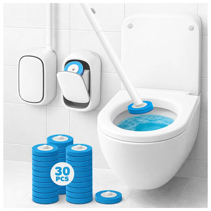 CiLoN Wall-Mounted Disposable Toilet Brush Kit and 30 Fresh Bleach Scrubbing Sponge Pads. Toilet Brush and Holder Set. Bathroom Space Saving Toilet Bowl Cleaning Wand & Holder (Starter Kit + 30 Brush)