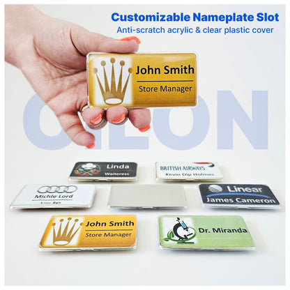 CiLoN Magnetic Name Badge with Clear Acrylic Cover. DIY Customizable 1" x 3" Round Corners. Reusable Magnetic Name Tags for Hotels, Restaurants, Schools, Stores & Teams. (10, White, Small: 1" x 3")