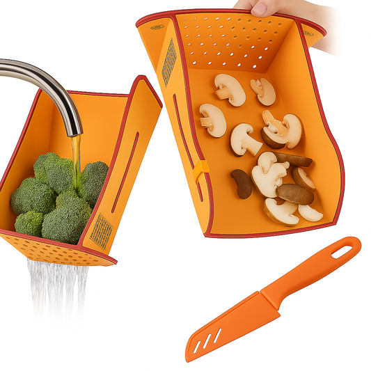 CiLoN 6-in-1 Foldable Cutting Board with Colander, Grater & Grinder. Collapsible Chopping Board with Knife Sharpener & Knife, 100% BPA Free, Portable Camping & RV Kitchen Utensils. Orange