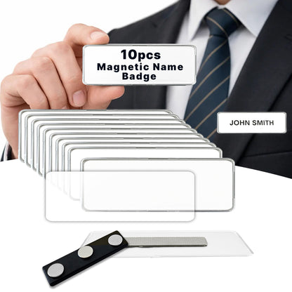 CiLoN Magnetic Name Badge with Clear Acrylic Cover. DIY Customizable 1" x 3" Round Corners. Reusable Magnetic Name Tags for Hotels, Restaurants, Schools, Stores & Teams. (10, White, Small: 1" x 3")