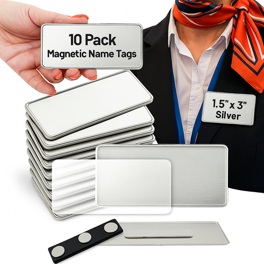 CiLoN Magnetic Name Badge with Clear Acrylic Cover. DIY Customizable 1" x 3" Round Corners. Reusable Magnetic Name Tags for Hotels, Restaurants, Schools, Stores & Teams. (10, Silver, Big: 1.5" x 3")