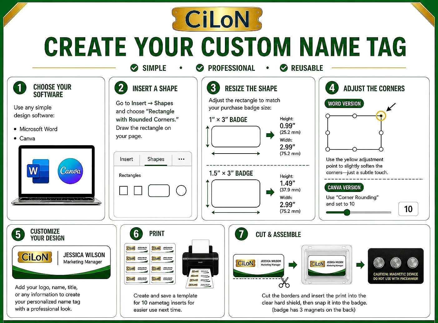 CiLoN Magnetic Name Badge with Clear Acrylic Cover. DIY Customizable 1" x 3" Round Corners. Reusable Magnetic Name Tags for Hotels, Restaurants, Schools, Stores & Teams. (10, White, Small: 1" x 3")